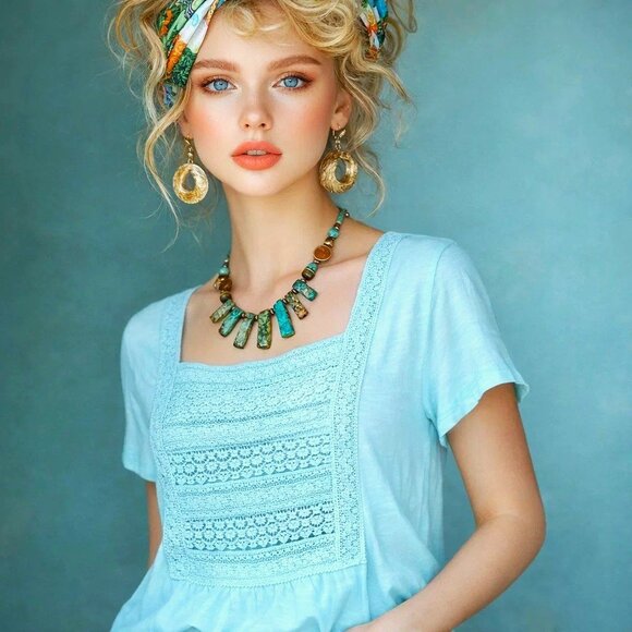 Hannah Tops - Hannah Top Pastel Aqua Blue, Crochet Lace Front Relaxed Short Sleeve GUC Size XL